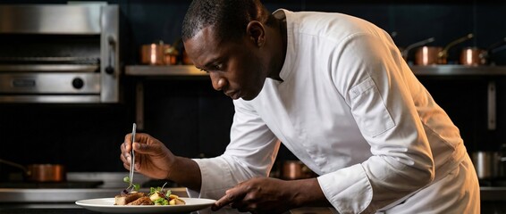 Black chef plating gourmet food with tweezers in professional kitchen Fine dining preparation, culinary art, and restaurant service