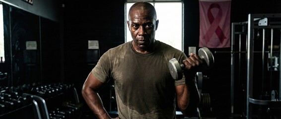Senior Black man lifting dumbbell in gym, sweating, determined Fitness, strength, health, and resilience concept