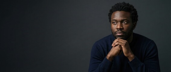 Black man, adult, thinking, hands on chin, looking away, pensive mood, studio portrait