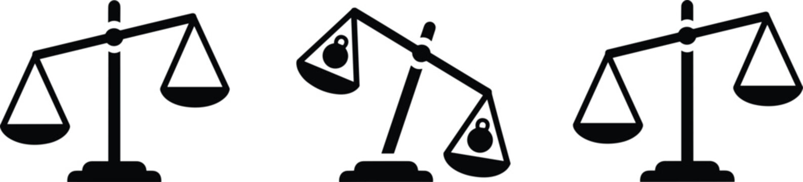Professional black icon set featuring justice scales of balance and imbalance representing law legal judgment and financial equity.