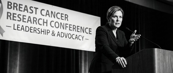 Senior woman speaking at breast cancer research conference, leadership and advocacy