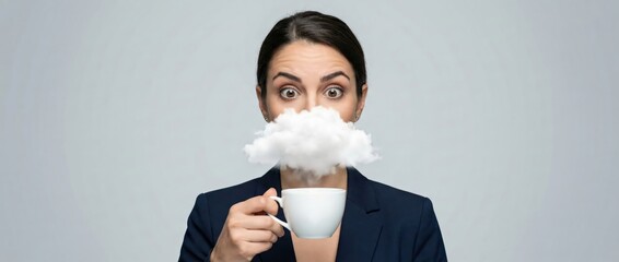 Woman with cloud over mouth holding coffee cup, surprised expression, concept of mental fog or creative block