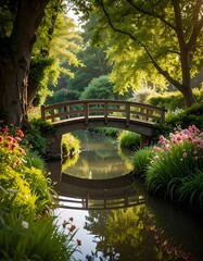 Wooden bridge gracefully arches over a calm stream in lush, flower-filled garden