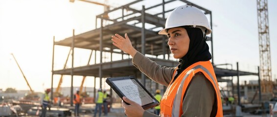 Arab woman engineer with tablet on construction site, overseeing building project Concept of leadership, architecture, and development