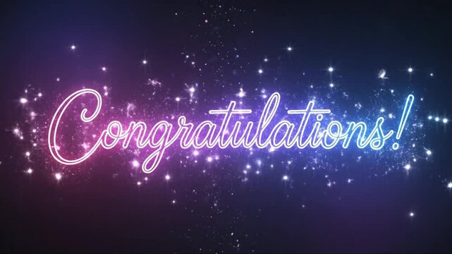 Dynamic Congratulations Animation with Vibrant Neon Effects and Sparkling Particles perfect for special achievements or celebrations, modern and visually appealing design