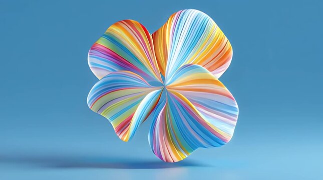 Colorful striped, abstract, blossom-like object floating on a light blue background, with its shadow beneath it