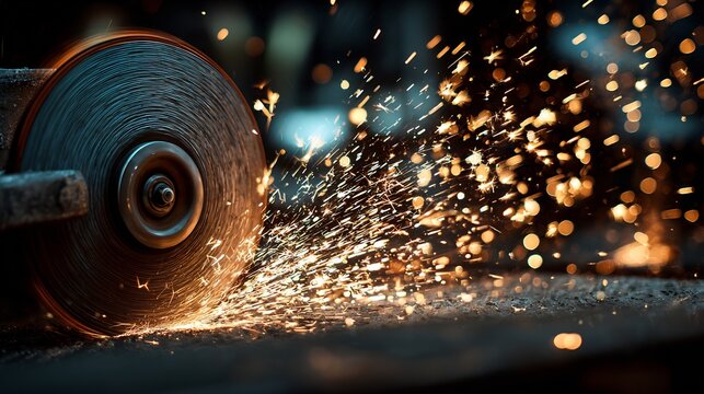 Industrial grinding process producing a cascade of bright golden sparks in a dark environment - Powered by Adobe
