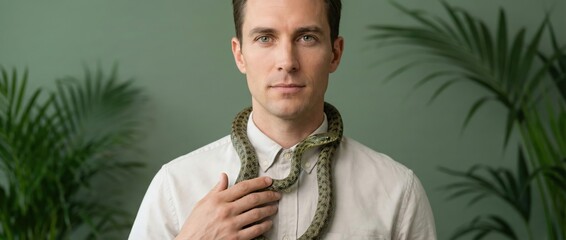 Man with snake around neck, calm expression, indoor portrait with plants Concept of nature, trust, and unusual companionship