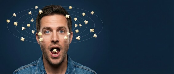 Man with blue eyes, surprised expression, popcorn flying around his head, eating popcorn Concept of cinema, entertainment, and fun