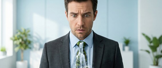Man in suit with waterfall tie, surprised expression, office background Concept of nature, business, and surprise