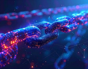 Illuminated digital chain with sparkling details, abstract 3D rendering