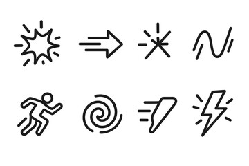 Energetic Motion Icons. Dynamic Motion set in outline vector style : energy burst, quick arrow, sudden spark, kinetic wave, jump icon, rapid swirl, momentum dash, flash pulse