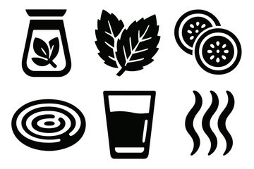 Wellness Hydration Icons. Wellness hydration icon set in silhouette bold style. Contain herbal water jar, mint leaves, cucumber slices, calm ripple, spa glass, gentle steam