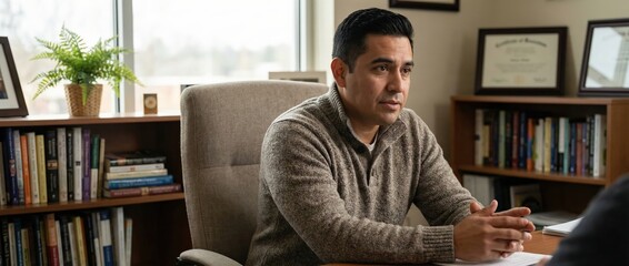 Hispanic man in office, listening intently during meeting, professional consultation, serious discussion, business concept