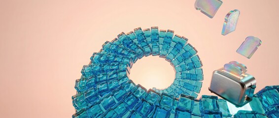 Toaster popping iridescent toast slices near blue glass spiral, surreal breakfast concept