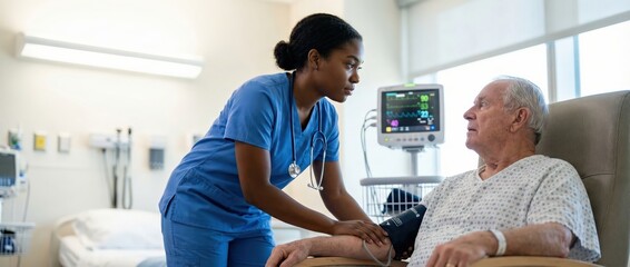 Black nurse taking senior mans blood pressure in hospital room Healthcare, medical care, and patient support
