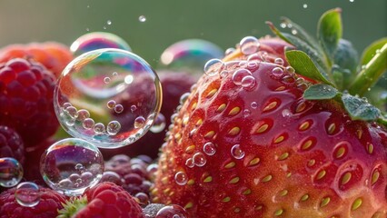 Macro-style close-up of glossy fruit textures blending with iridescent bubbles in a vibrant liquid environment