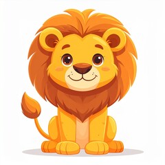 Cute cartoon illustration of a friendly lion, a large cat from the genus Panthera, standing proudly and smiling. The lion has a fluffy golden mane, rounded facial features, big expressive eyes.