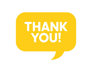 A vibrant yellow speech bubble displaying the words thank you in bold text