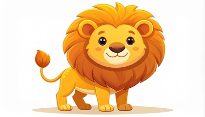 Cute cartoon illustration of a friendly lion, a large cat from the genus Panthera, standing proudly and smiling. The lion has a fluffy golden mane, rounded facial features, big expressive eyes.