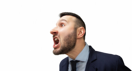 Portrait of a screaming man in a business suit on white isolated background.