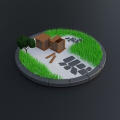 Stylized low-poly 3D diorama of a miniature outdoor scene: circular stone-bordered base with grass patches, a small tree, wooden crates, planks, and scattered stones forming a path. Perfect for game d