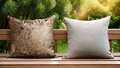 close up of two decorative cushions on a bench with outdoor foliage in the background