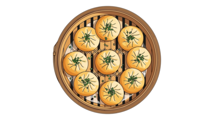 Steamed buns with chives in bamboo steamer basket isolated on transparent background