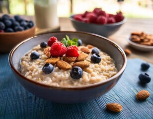 delightful bowl of oatmeal topped with fresh berries and almonds creates a healthy breakfast option perfect for early mornings