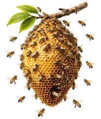 Honeycomb nest with swarm of bees on tree branch isolated on transparent background, generative ai