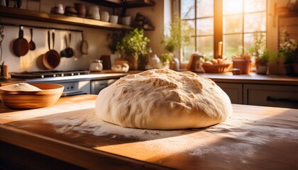 freshly baked dough waiting to be transformed into delicious bread in a cozy kitchen with warm lighting and inviting atmosphere