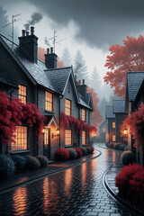 Cinematic Rainy Village Street at Dusk with Autumn Mood.