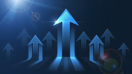 A group of glowing blue arrows pointing upwards in a dark background with a spotlight shining down