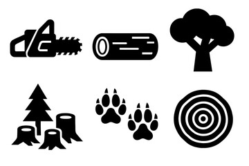 Deforestation Icon Set. Deforestation icon set in silhouette bold style. Contain Chainsaw, Timber, Tree Canopy, Logging Site, Animal Tracks, Stump Circle