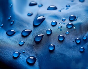 water droplets bounce and float above a textured blue fabric surface showing hydrophobic properties and advanced technology
