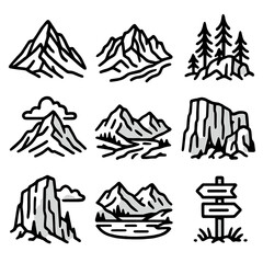 Mountain Iconic Landscapes. Mountain Wild Landscapes set in outline vector style: alpine peak, rocky ridge, glacier stream, pine cluster, cliff face, summit cloud, mountain lake, trail marker