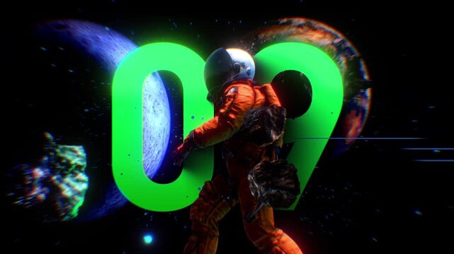 An abstract space themed countdown sequence background with various central Astronaut characters in front of typographic numbers and other fun visual details including planets and floating asteroids.