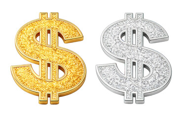 Gold and silver dollar currency symbols with glitter texture isolated on transparent background, generative ai