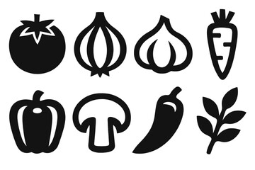 Bold Ingredient Icons. Co-cook Ingredients icon set in silhouette bold style. Contain tomato, onion, garlic clove, carrot, bell pepper, mushroom, chili pepper, herb sprig