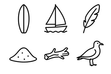 Obraz premium Nautical Icon Set. Ocean Breezeset in outline vector style Surfboard, Sailboat, Feather, Sand, Driftwood, Seagull
