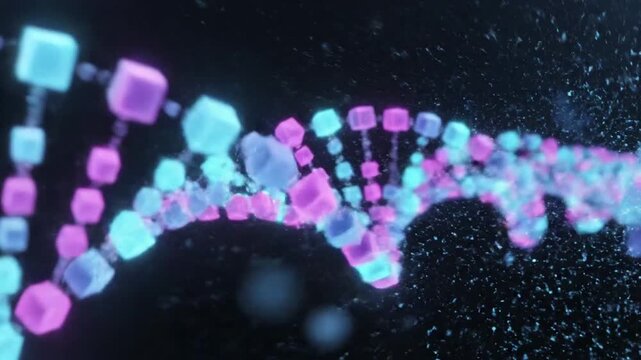 Abstract futuristic DNA molecule with glowing particles and vibrant colors.