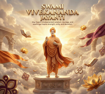 Swami Vivekananda Statue Inspirational Spiritual Leader Hindu Monk Enlightenment Wisdom Golden Light Clouds Divine Blessing