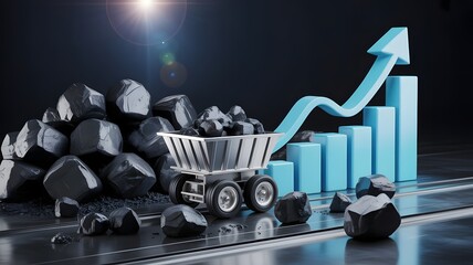 A miniature shopping cart filled with coal next to a growing bar graph with an upward trend arrow