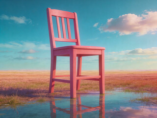 Gro&szlig;er rosa Stuhl in einer kargen Landschaft