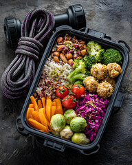 Colorful bento box with high protein vegan food including tofu vegetables and grains placed beside jump rope for healthy post workout meal
