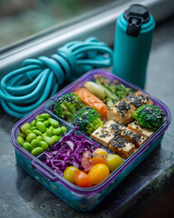 Colorful bento box with high protein vegan food including tofu vegetables and grains placed beside jump rope for healthy post workout meal
