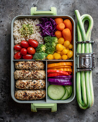 Colorful bento box with high protein vegan food including tofu vegetables and grains placed beside jump rope for healthy post workout meal
