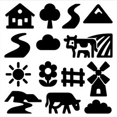 Bold Countryside Icons. Peaceful Countryside icon set in silhouette bold style. Contain farmhouse, tree, river, mountain, path, cloud, cow, field, sun, flower, fence, windmill