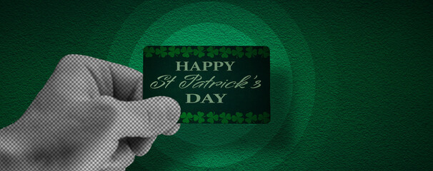 St. Patrick's Day calendar, March 17. Halftone collage: a hand holding a St. Patrick's Day greeting card. A symbol of good luck and success.