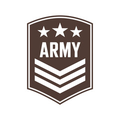A brown army emblem featuring three stars and the word army prominently displayed
